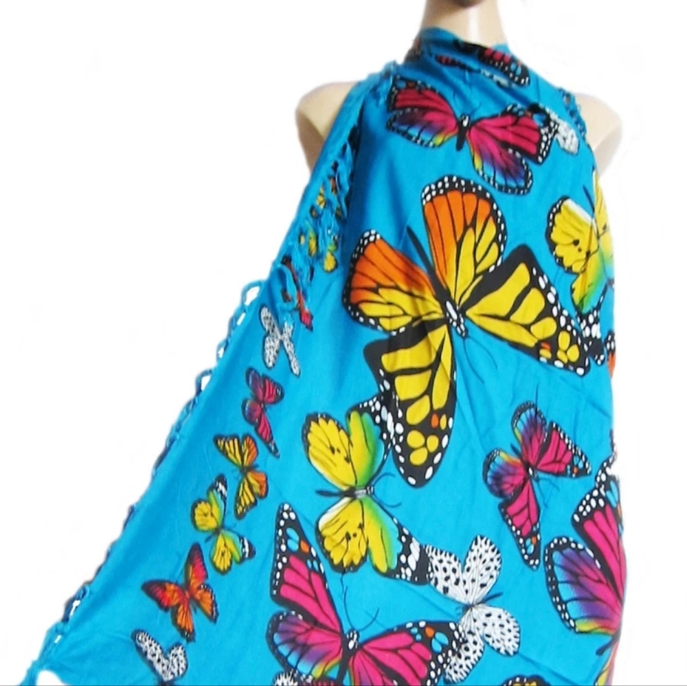 Bright Blue Butterfly Print Wrap Sarong Scarf Shawl